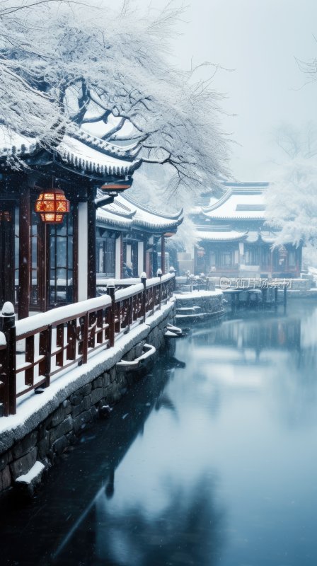 江南雪景，冬季里的江南小镇水墨画