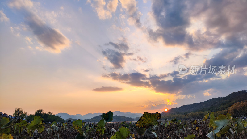 杭州西湖断桥湖畔黄昏夕阳下的景色