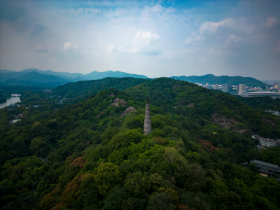 山川森林古建筑航拍摄影图