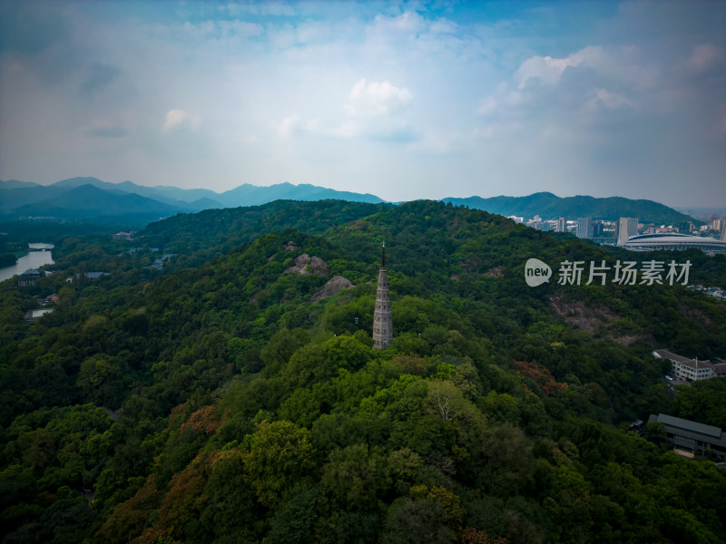 山川森林古建筑航拍摄影图