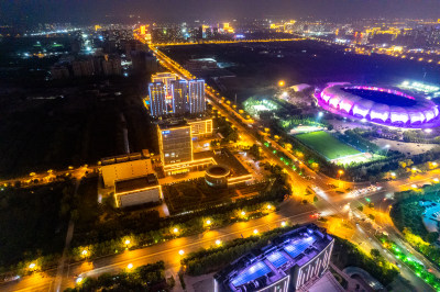 航拍河北沧州城市夜景灯光