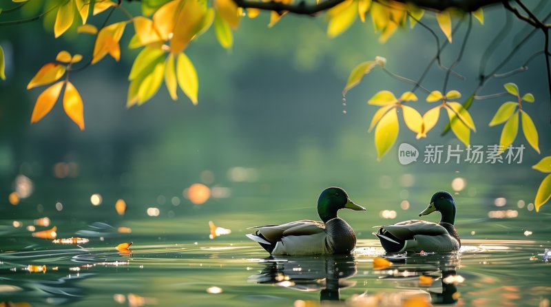 湖边鸭子春江水暖宁静悠闲湖泊背景