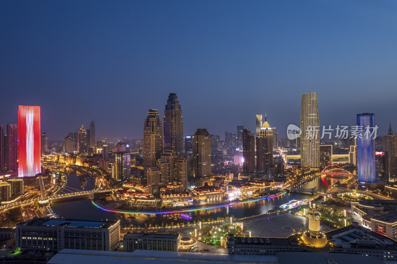 天津海河风景津湾CBD金融中心城市夜景航拍