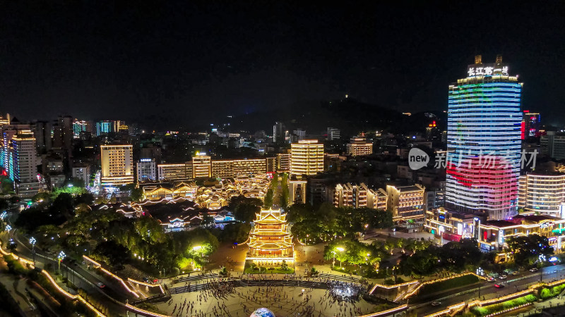 四川宜宾合江楼长江之珠夜景灯光航拍图