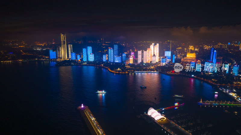 山东省青岛市浮山湾五四广场夜景航拍