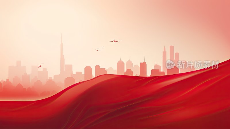 中国城市剪影和旗帜背景