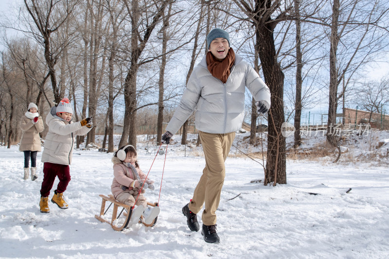 欢乐家庭在雪地上玩雪橇