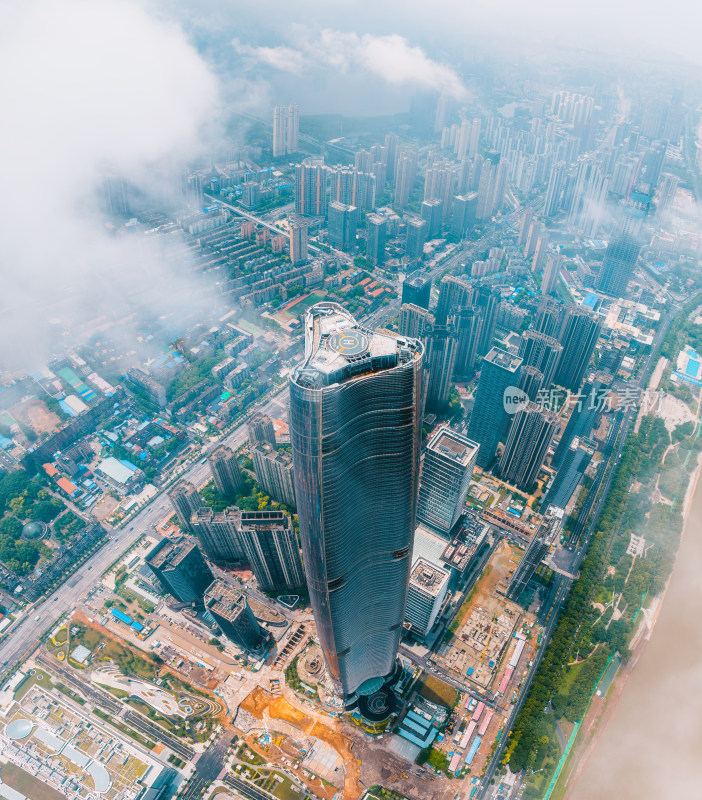 航拍夏季雨后武汉绿地中心摩天建筑风光