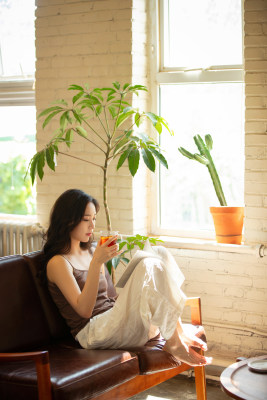 年轻女人在家喝茶看书