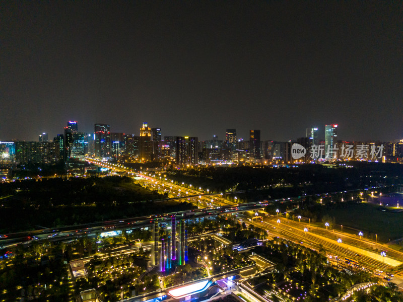 成都环球中心周边建筑夜景航拍图