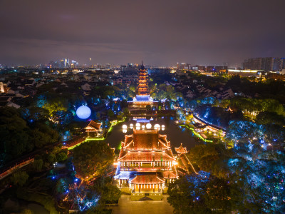 航拍苏州盘门景区中秋灯会夜景