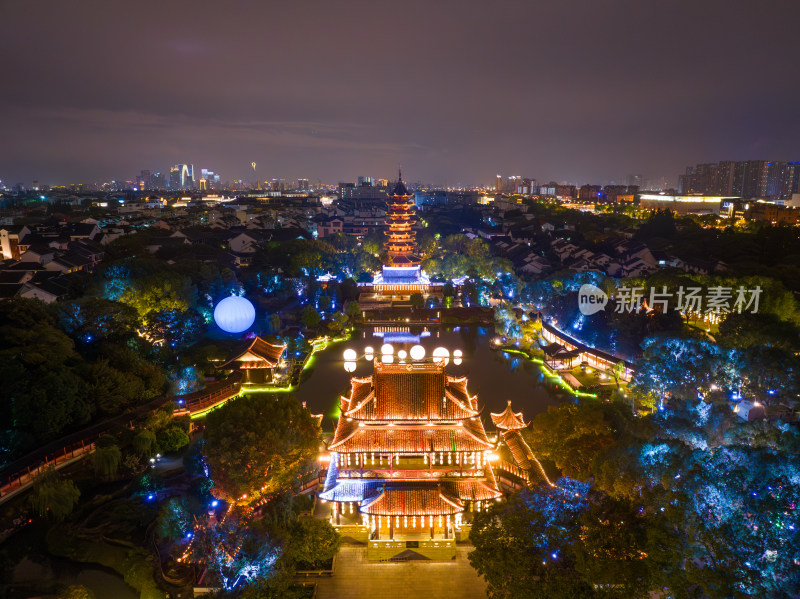 航拍苏州盘门景区中秋灯会夜景