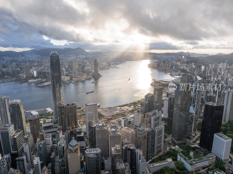 香港维多利亚港CBD中环夜景日出高空航拍