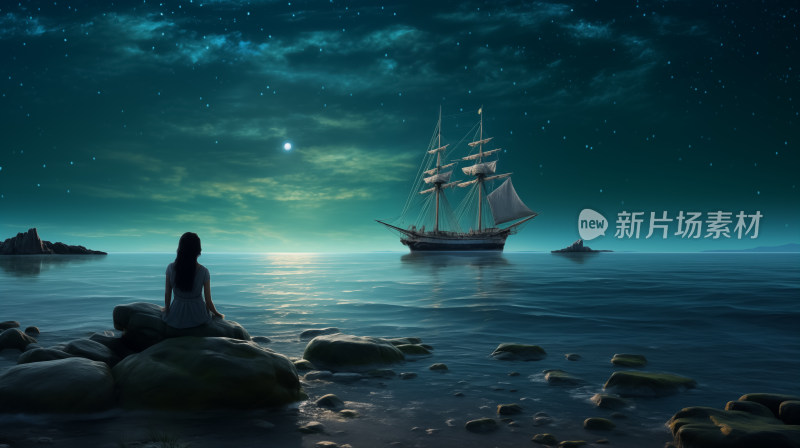 女士独坐在海边巨石上望着宁静海面远处帆船