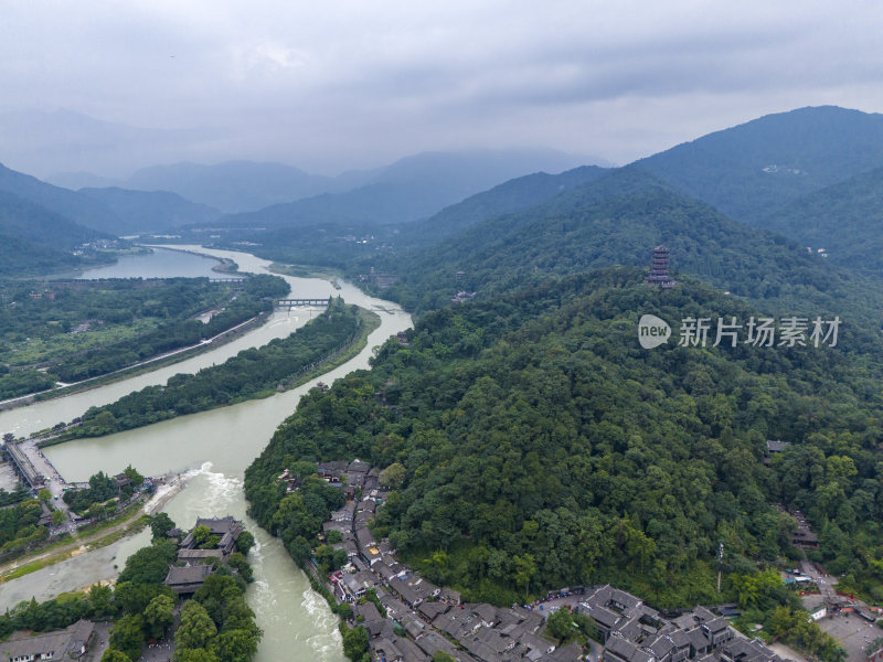 都江堰景区高视角全景航拍