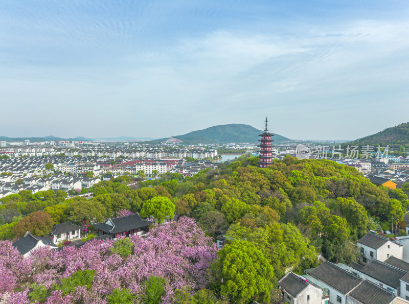 航拍苏州吴中区光福铜观音寺晚樱小桥流水