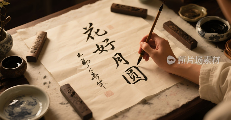 手书毛笔字花好月圆场景