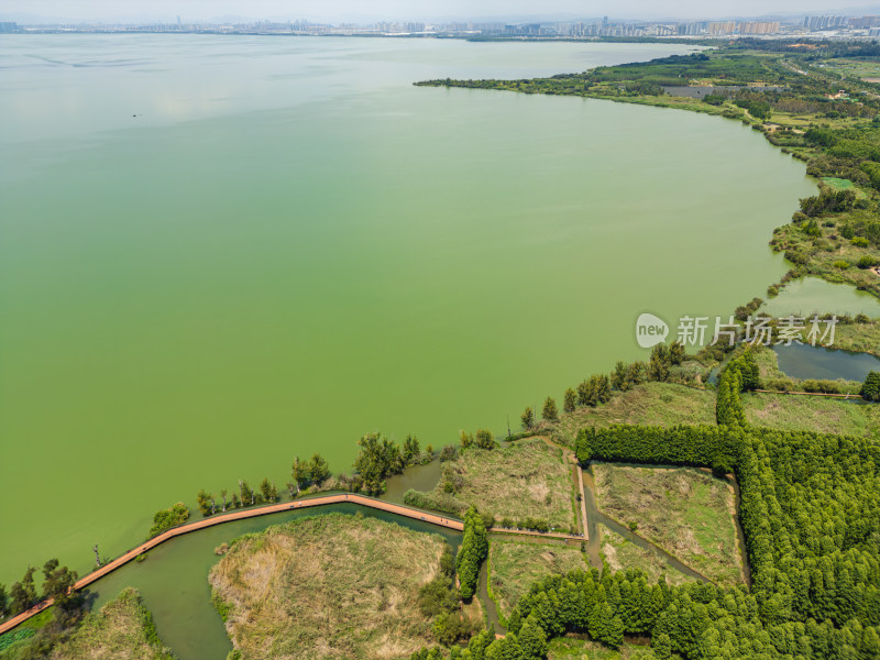 航拍昆明滇池捞鱼河湿地公园景观