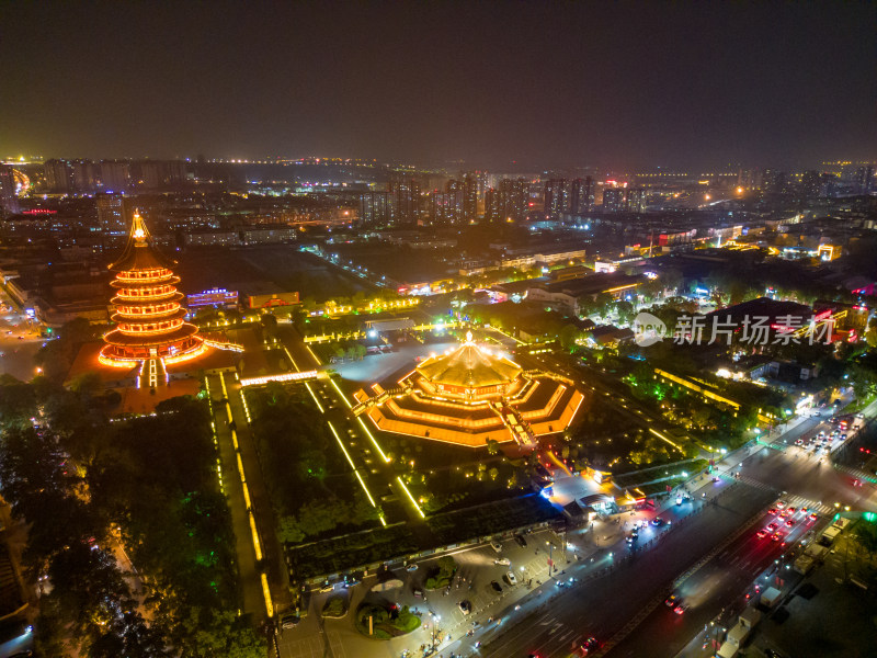 广西桂林日月双塔夜景灯光航拍摄影