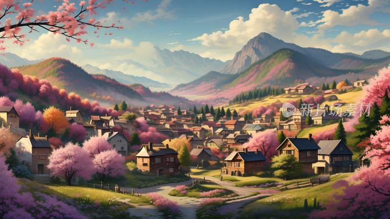 春天春暖花开的山谷中的村庄
