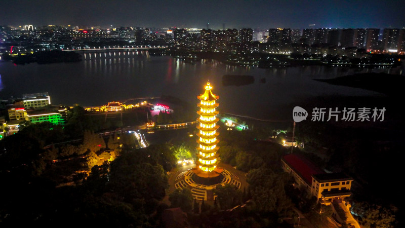 航拍湖北鄂州莲花山元明塔夜景