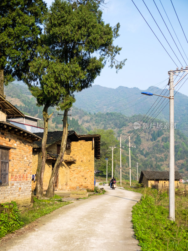 咸宁乡间小路旁的乡村砖房风景