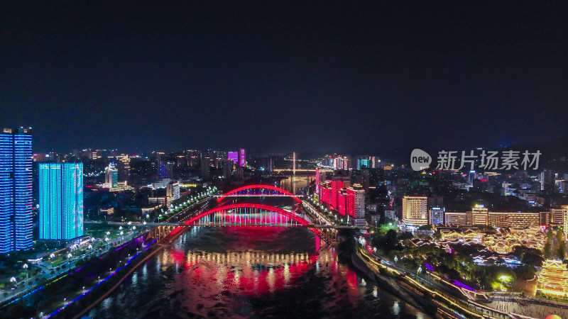 航拍四川宜宾金沙江戎州大桥夜景