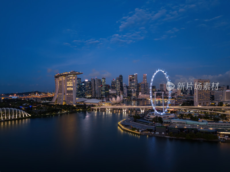 新加坡滨海湾金沙海滨奥林匹克蓝调夜景航拍