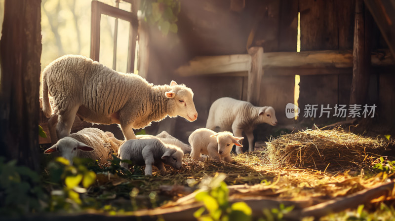 阳光照耀下的现代羊圈与幼羊温馨画面