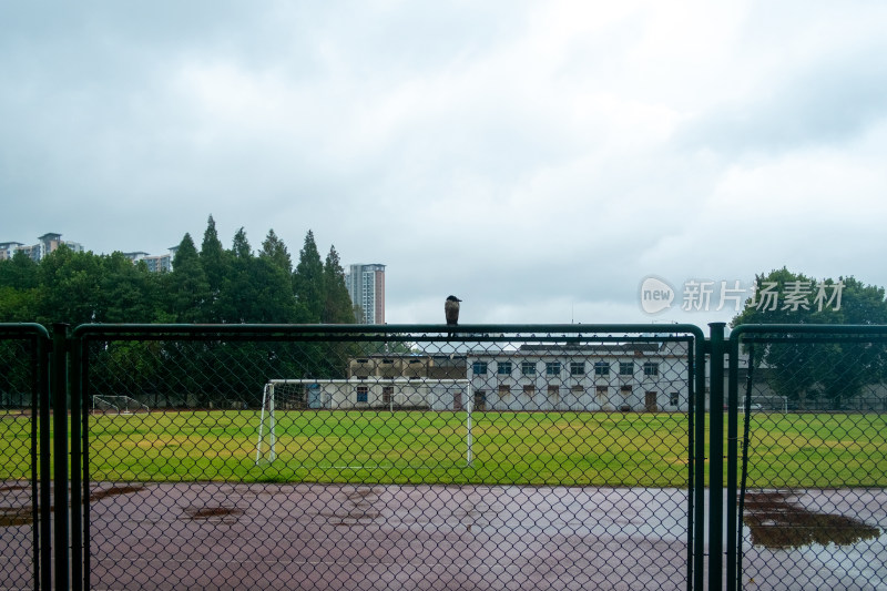 铁丝网外的运动场与建筑景观