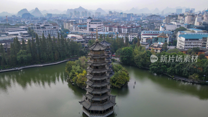 广西桂林日月双塔航拍