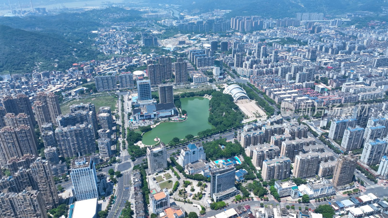 福州长乐区城市建筑风光航拍长山湖公园风景