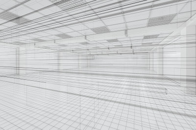 白色建筑室内空间与草绘线条 3D渲染