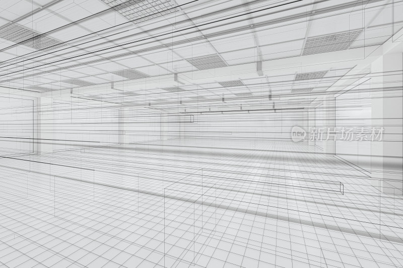 白色建筑室内空间与草绘线条 3D渲染