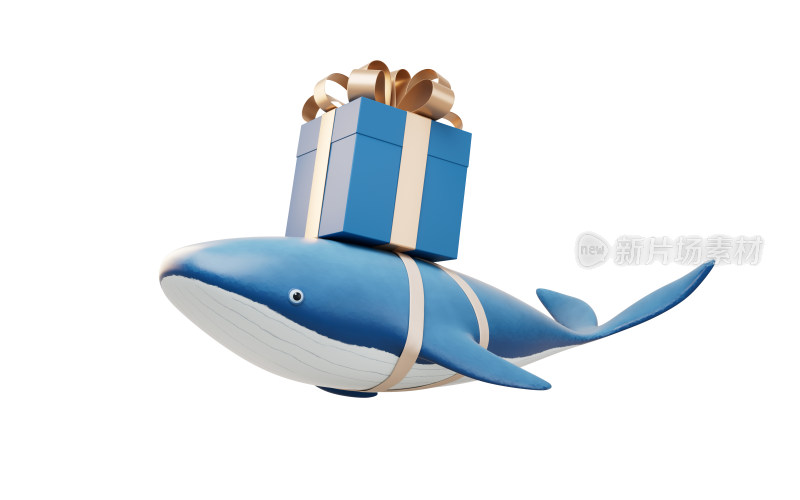 背着礼物盒的鲸鱼3D渲染