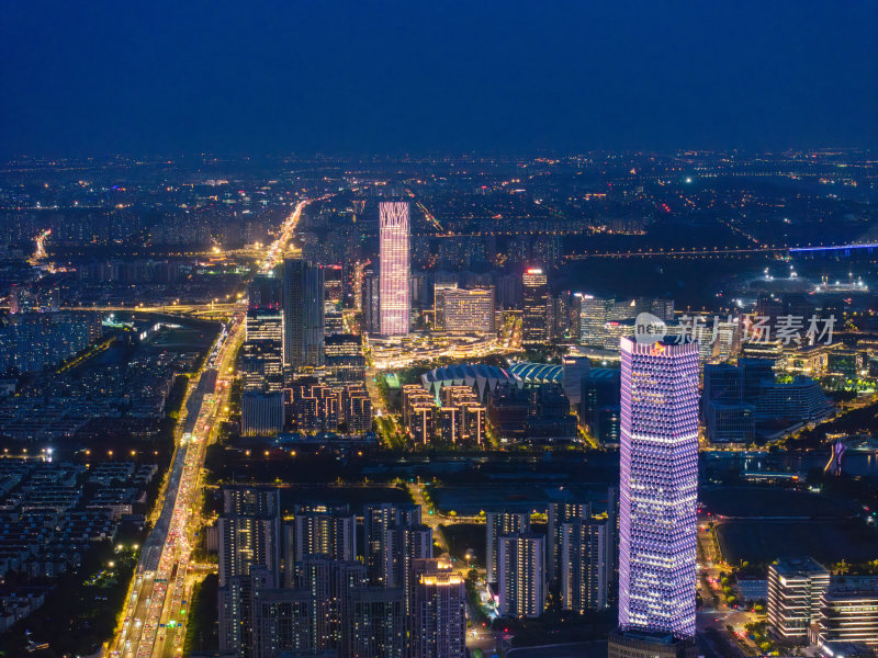 航拍上海城市夜景卢浦大桥世博园