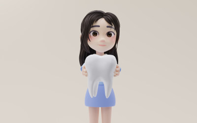 卡通风格女孩与手中的牙齿3D渲染