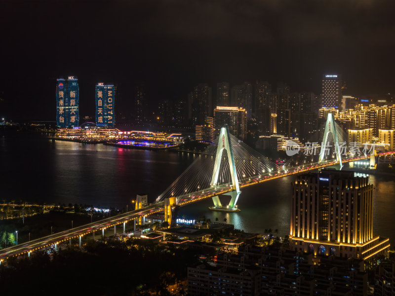 海南海口海滨新城城市车水马龙夜景灯光航拍