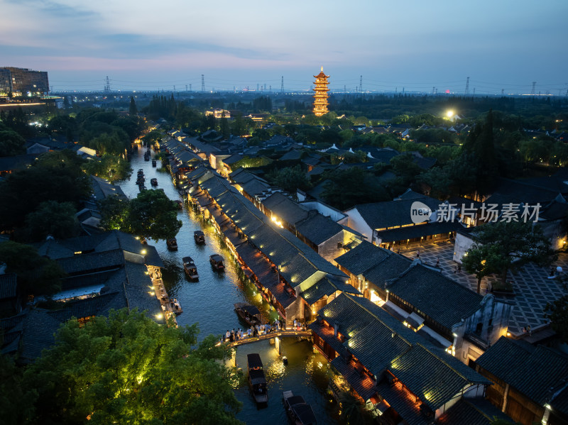 浙江嘉兴桐乡乌镇西栅景区江南水乡航拍夜景