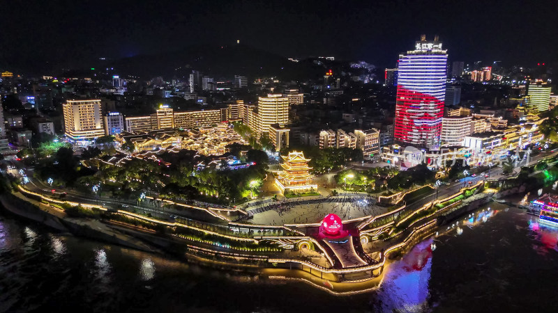 四川宜宾三江交汇处合江楼夜景灯光航拍图