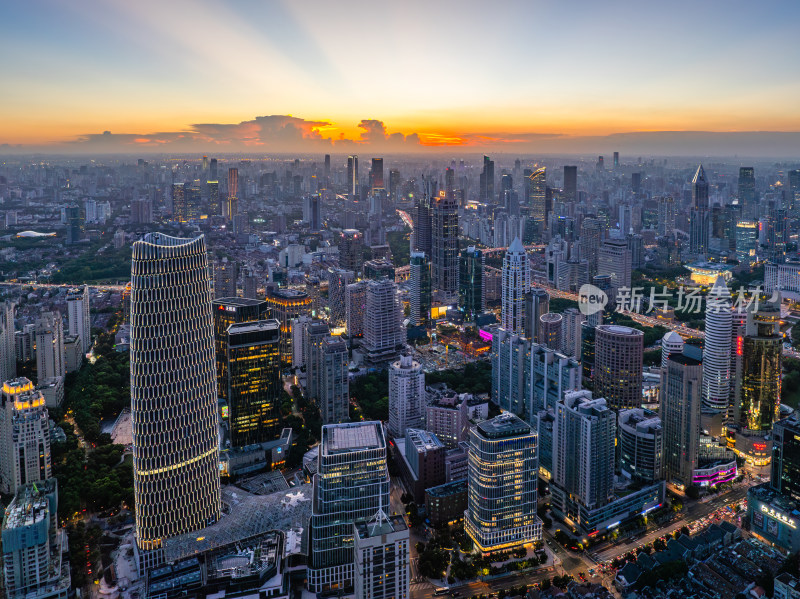 航拍上海浦西CBD高楼群夜景亮化