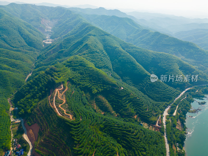 航拍澜沧江自然风光和周围的建筑