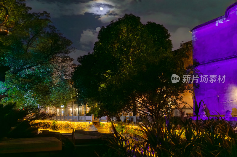 福州上下杭夜晚上的河岸的中式建筑和大树