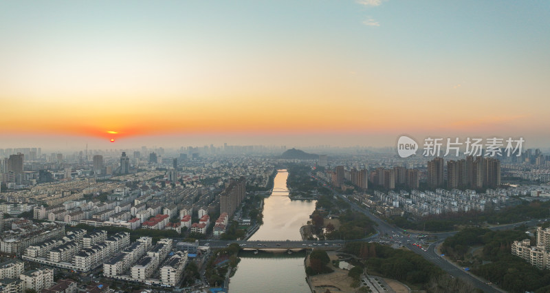 航拍昆山冬日城市日落风光大景