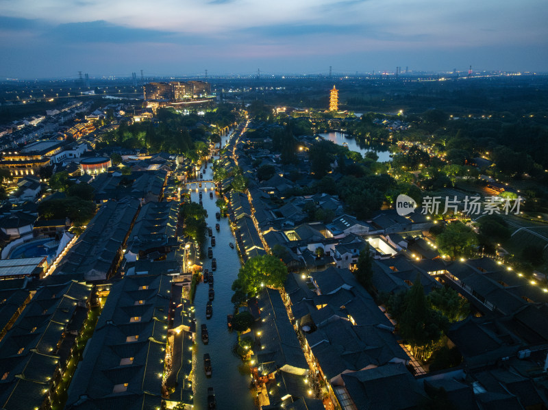 浙江嘉兴桐乡乌镇西栅景区江南水乡航拍夜景