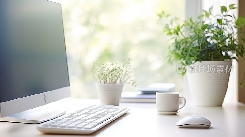 现代简约办公桌上的电脑键盘和绿植