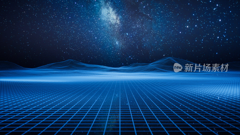 星空背景与数字科技网格地面3D渲染