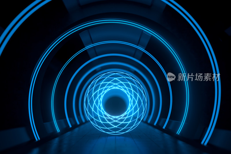 黑暗隧道内的霓虹发光线条 3D渲染