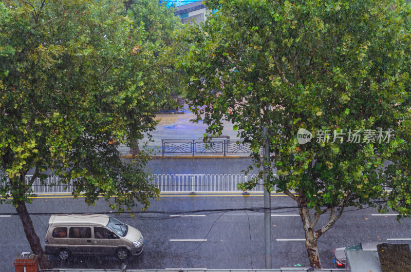 青岛下雨的路上有车驶过