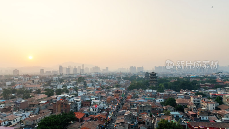 泉州东西塔航拍泉州西街开元寺夕阳日落风景